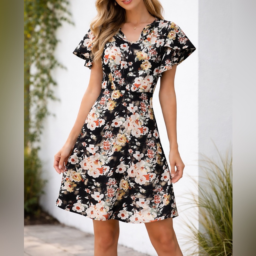 Black,floral midi dress